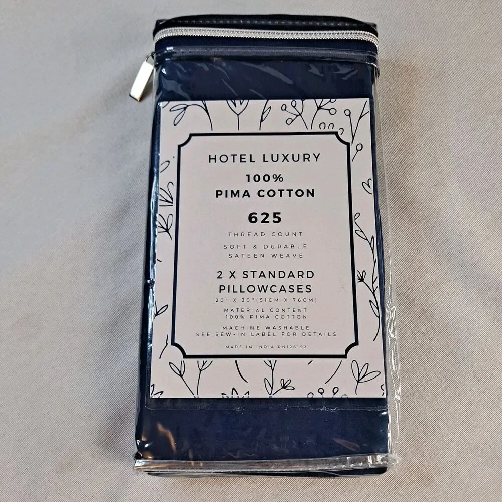 Hotel Luxury 625 TC 100% Pima Cotton 2x Standard Pillowcases Navy Blue Bedding